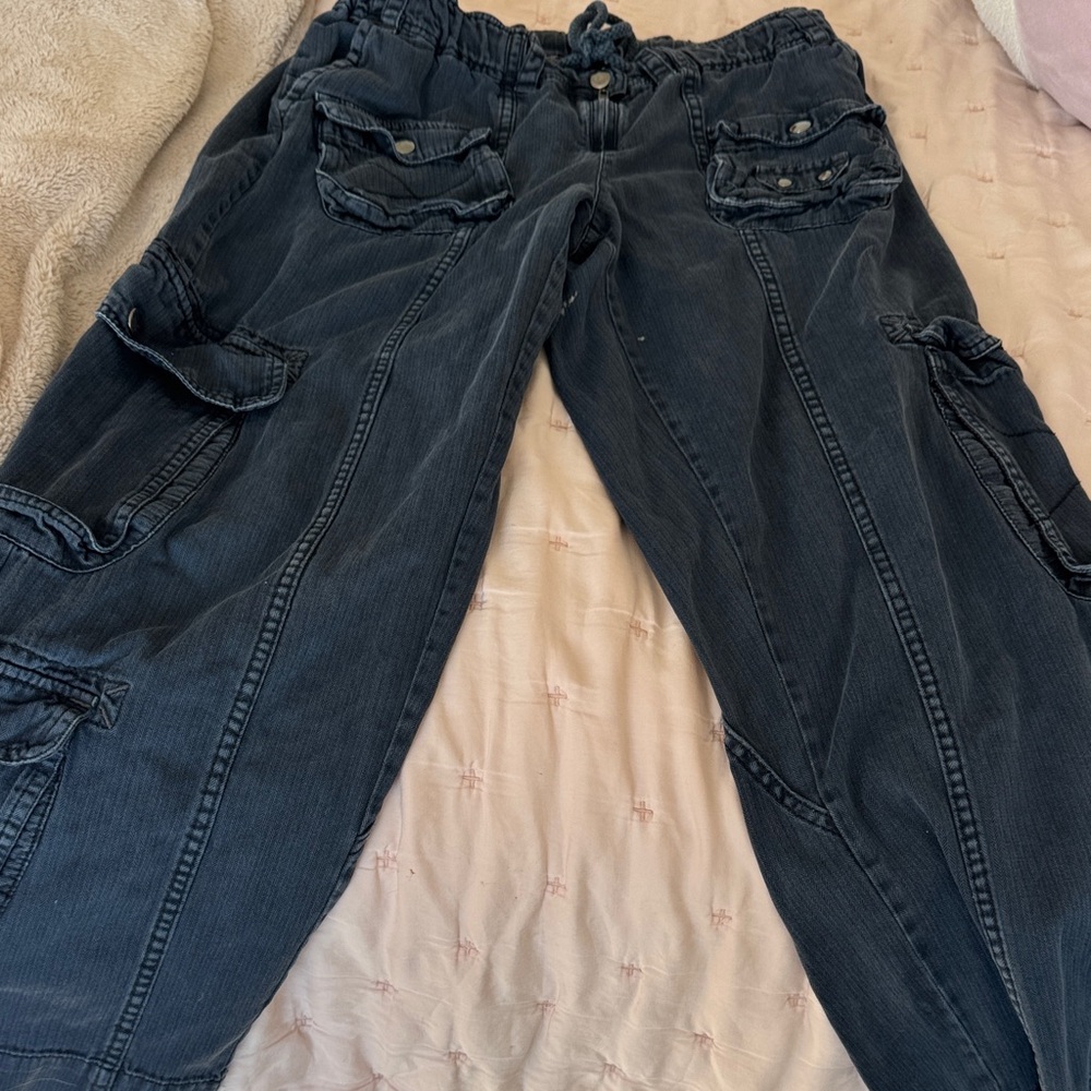 Free People Dark Wash Flared Cargo Tahini Pants
